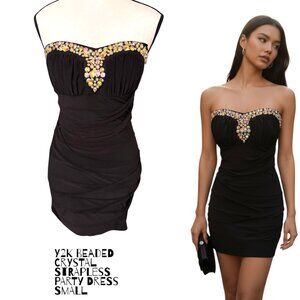 Y2K VTG. BLACK CRYSTAL RHINESTONE STRAPLESS PARTY DRESS SMALL